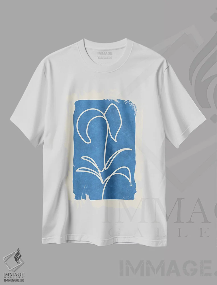 تیشرت سفید طرح دار – تیشرت مینیمالیستی ,خطوط پیچیده روی آبی اثر ماکسیمیلیانو کاسال فروشگاه ایماژ