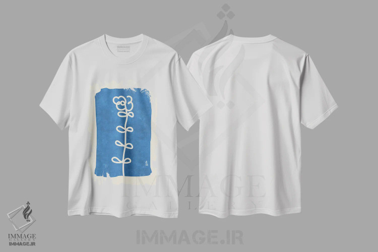 تیشرت سفید طرح دار – تیشرت مینیمالیستی ,خطوط پیچیده روی آبی اثر ماکسیمیلیانو کاسال immage.ir
