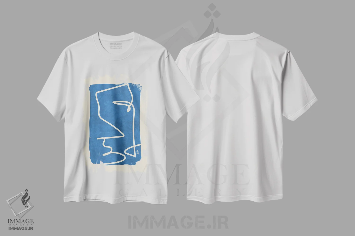 تیشرت سفید طرح دار – تیشرت مینیمالیستی ,خطوط پیچیده روی آبی اثر ماکسیمیلیانو کاسال immage.ir