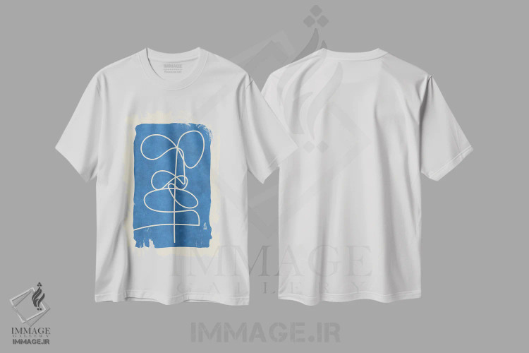 تیشرت سفید طرح دار – تیشرت مینیمالیستی ,خطوط پیچیده روی آبی اثر ماکسیمیلیانو کاسال immage.ir