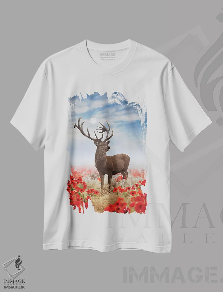 تیشرت سفید طرح دار – تیشرت هنری ,گوزن شقایق اثر مکس الیس فروشگاه ایماژ