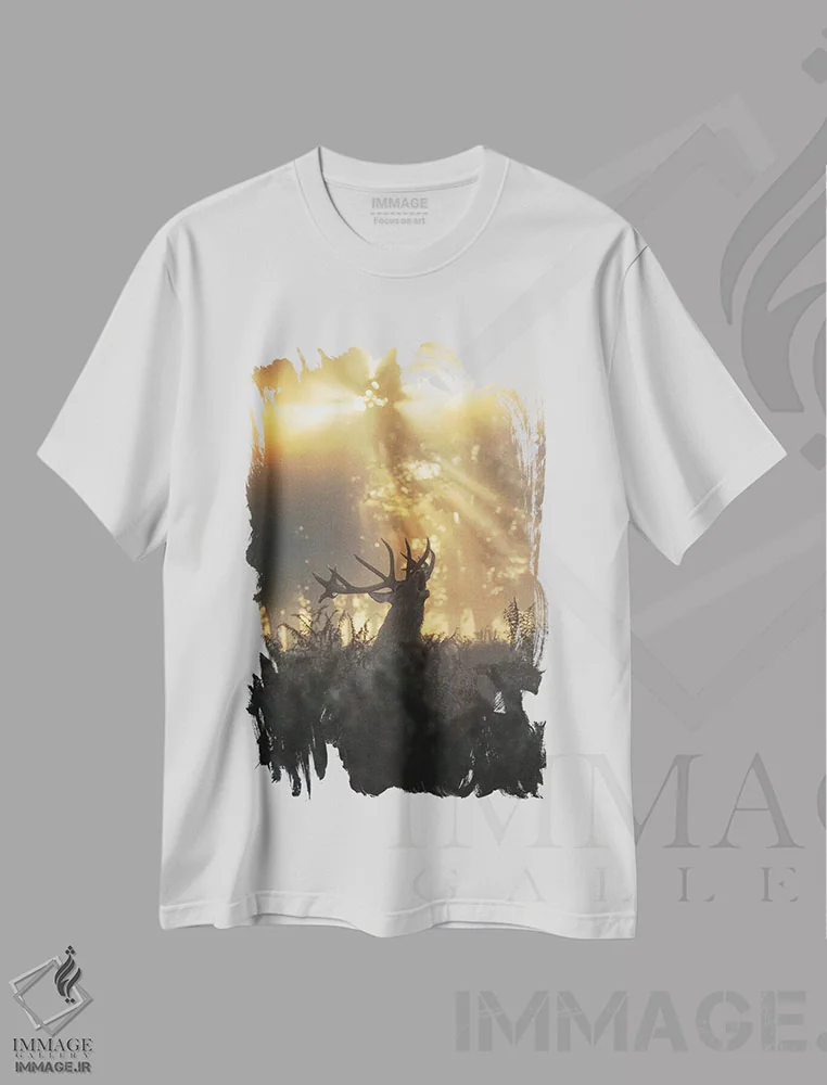 تیشرت سفید طرح دار – تیشرت طبیعت ,گوزن بارانی شماره اثر مکس الیس فروشگاه ایماژ