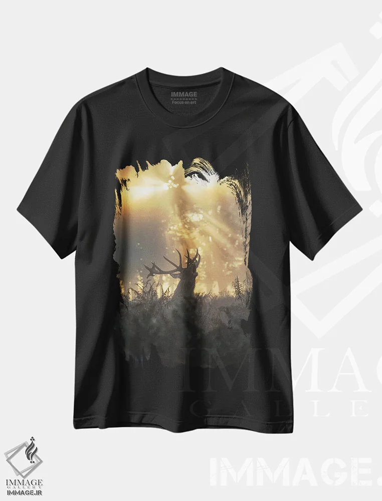 تیشرت مشکی طرح دار – تیشرت طبیعت ,گوزن بارانی شماره اثر مکس الیس immage.ir