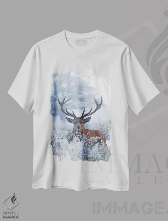 تیشرت سفید طرح دار – تیشرت زمستانی ,گوزن یخ زده اثر مکس الیس فروشگاه ایماژ