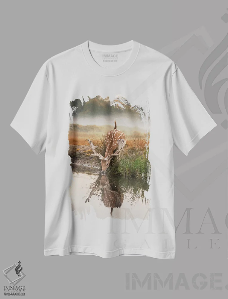تیشرت سفید طرح دار – تیشرت منظره ,بازتاب آهو اثر مکس الیس immage.ir