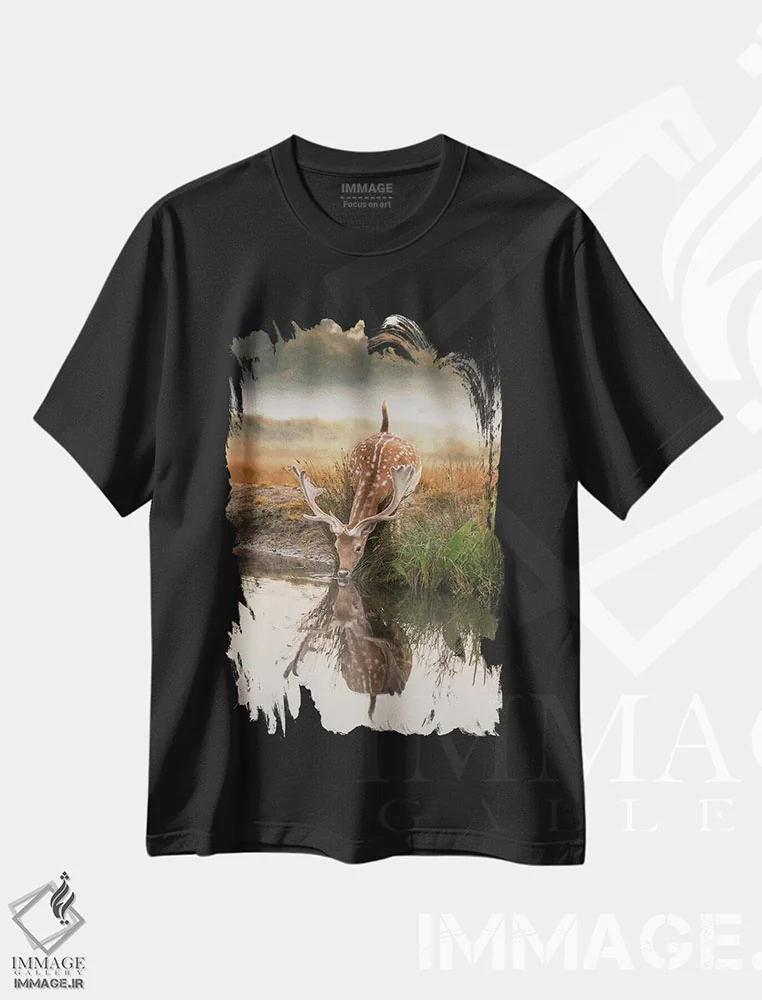 تیشرت مشکی طرح دار – تیشرت منظره ,بازتاب آهو اثر مکس الیس فروشگاه ایماژ