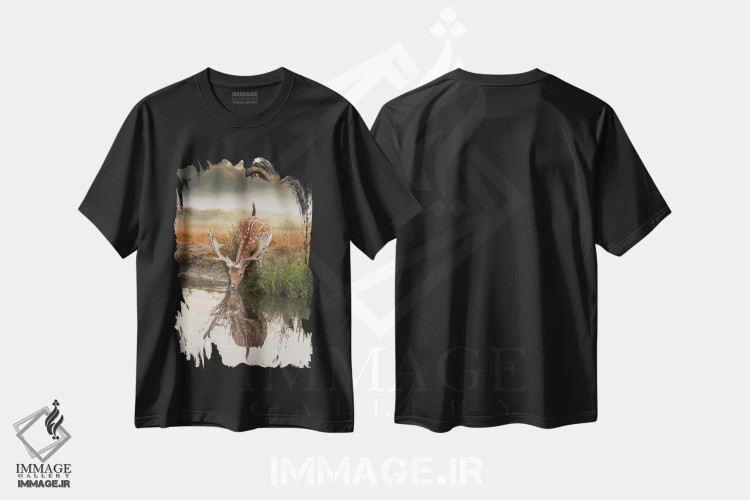 تیشرت مشکی طرح دار – تیشرت منظره ,بازتاب آهو اثر مکس الیس فروشگاه ایماژ