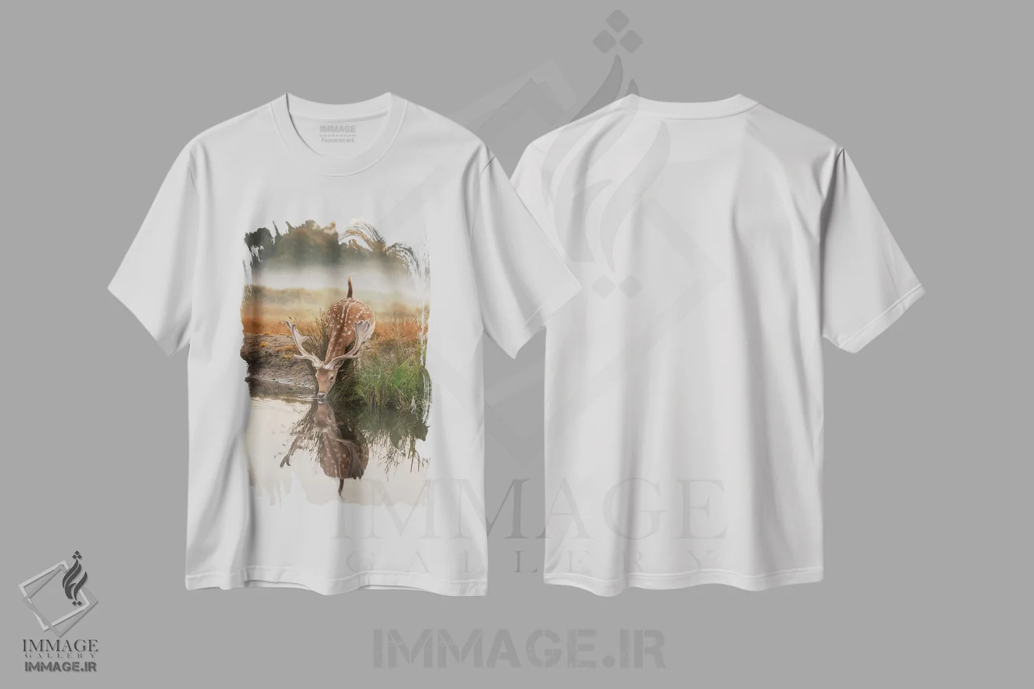 تیشرت سفید طرح دار – تیشرت منظره ,بازتاب آهو اثر مکس الیس immage.ir