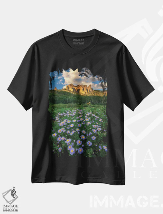 تیشرت مشکی طرح دار – تیشرت طبیعت ,دره و گل های مروارید اثر می شو immage.ir