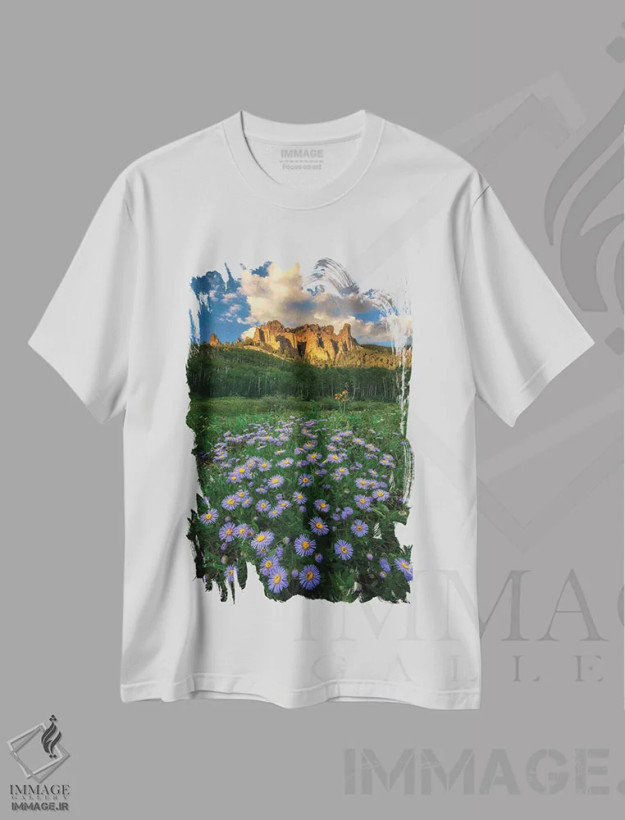 تیشرت سفید طرح دار – تیشرت طبیعت ,دره و گل های مروارید اثر می شو فروشگاه ایماژ