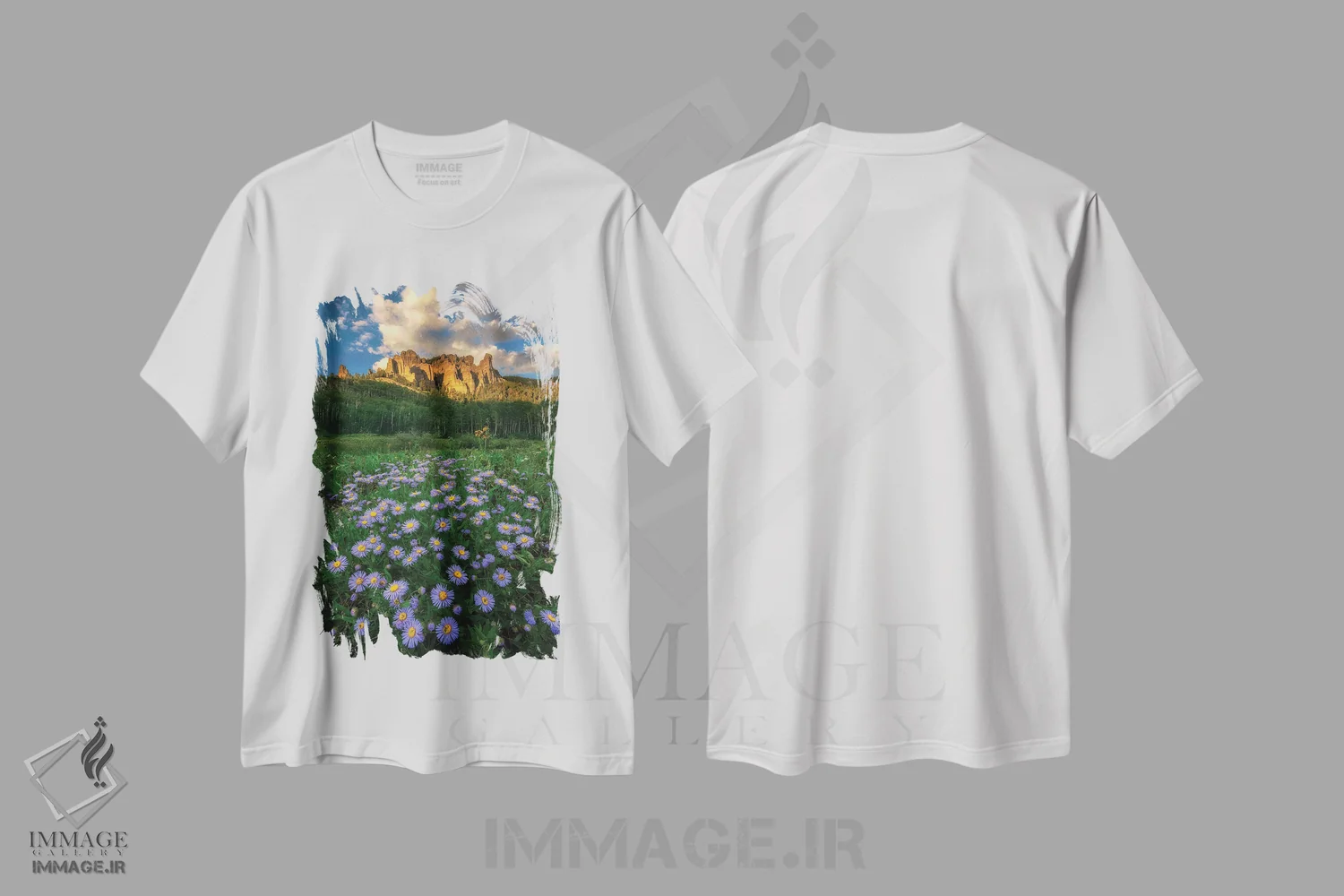 تیشرت سفید طرح دار – تیشرت طبیعت ,دره و گل های مروارید اثر می شو فروشگاه ایماژ