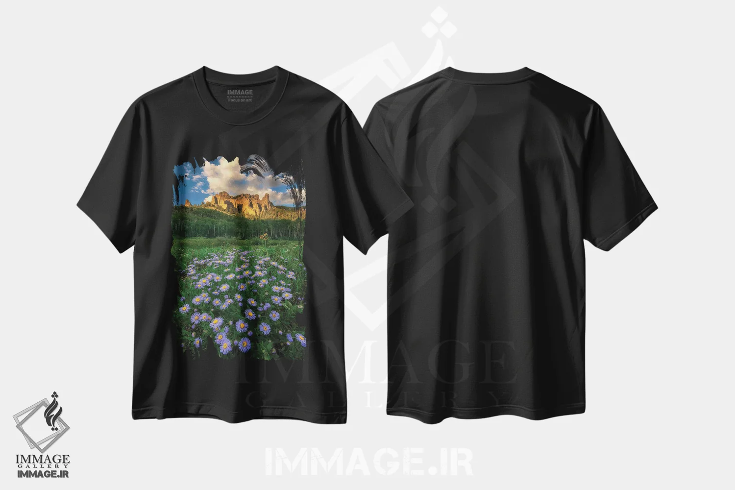 تیشرت مشکی طرح دار – تیشرت طبیعت ,دره و گل های مروارید اثر می شو immage.ir