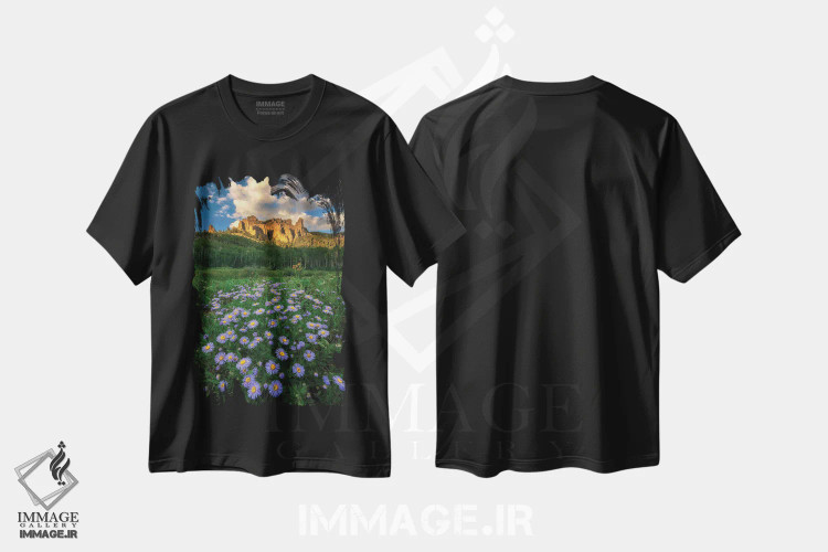 تیشرت مشکی طرح دار – تیشرت طبیعت ,دره و گل های مروارید اثر می شو immage.ir