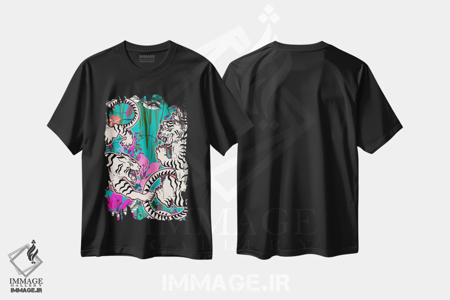 تیشرت مشکی طرح دار – تیشرت طبیعت ,صحنهٔ استخر ببرهای سفید اثر مریلین مَدو فروشگاه ایماژ