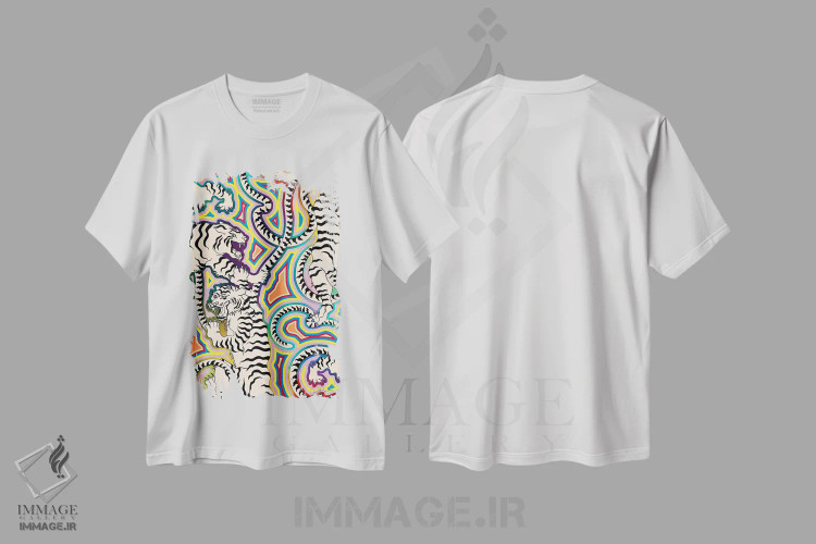 تیشرت سفید طرح دار – تیشرت حیوانات ,ببرهای سفید و فرش هندی اثر مریلین مَدو فروشگاه ایماژ