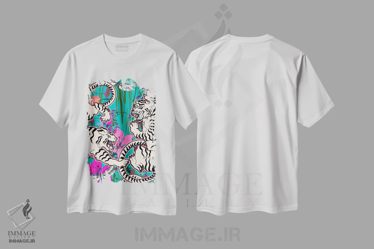 تیشرت سفید طرح دار – تیشرت طبیعت ,صحنهٔ استخر ببرهای سفید اثر مریلین مَدو immage.ir