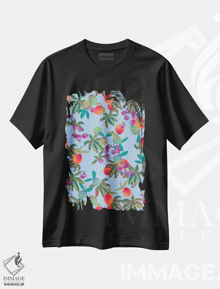 تیشرت مشکی طرح دار – تیشرت فانتزی ,میوه های خاص با خطوط موج دار اثر مریلین مَدو فروشگاه ایماژ