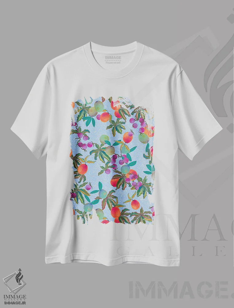 تیشرت سفید طرح دار – تیشرت فانتزی ,میوه های خاص با خطوط موج دار اثر مریلین مَدو immage.ir