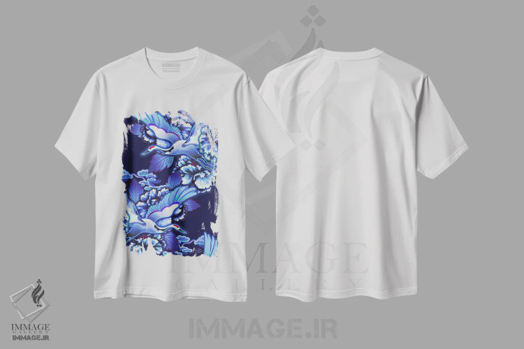 تیشرت سفید طرح دار – تیشرت ژاپنی ,درناهای ژاپنی نیلی اثر مریلین مَدو فروشگاه ایماژ