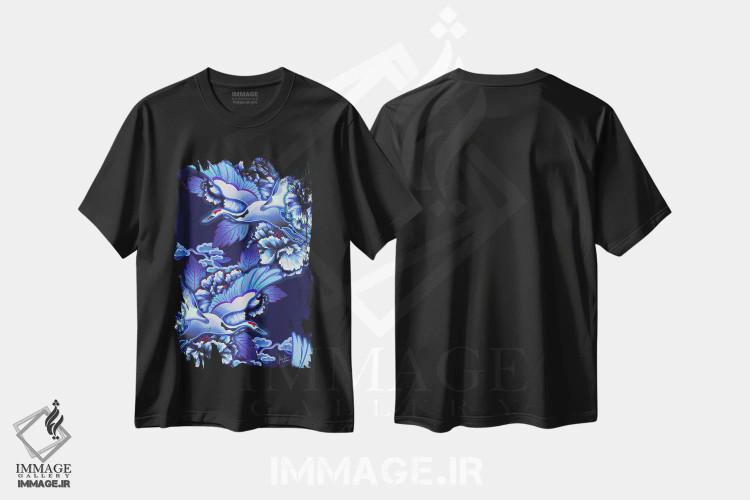 تیشرت مشکی طرح دار – تیشرت ژاپنی ,درناهای ژاپنی نیلی اثر مریلین مَدو immage.ir