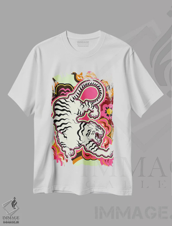 تیشرت سفید طرح دار – تیشرت حیوانات ,طرح گلدار ببر سفید اثر مریلین مَدو فروشگاه ایماژ