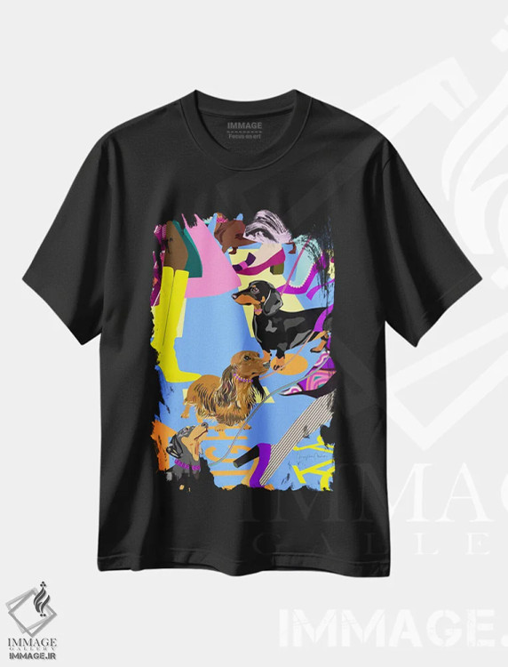 تیشرت مشکی طرح دار – تیشرت فشن ,دختران مد و سگ های داشهوندشان در عبور خیابان اثر مریلین مَدو immage.ir