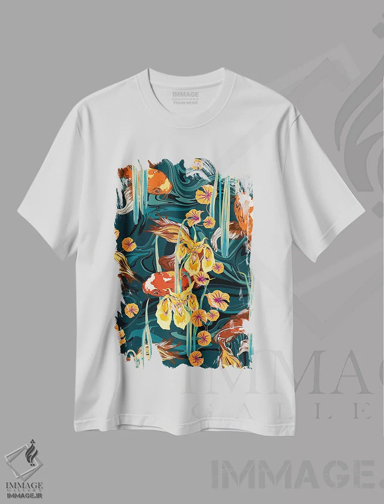 تیشرت سفید طرح دار – تیشرت ژاپنی ,حوض ماهی کوی آبی-پترولی اثر مریلین مَدو فروشگاه ایماژ