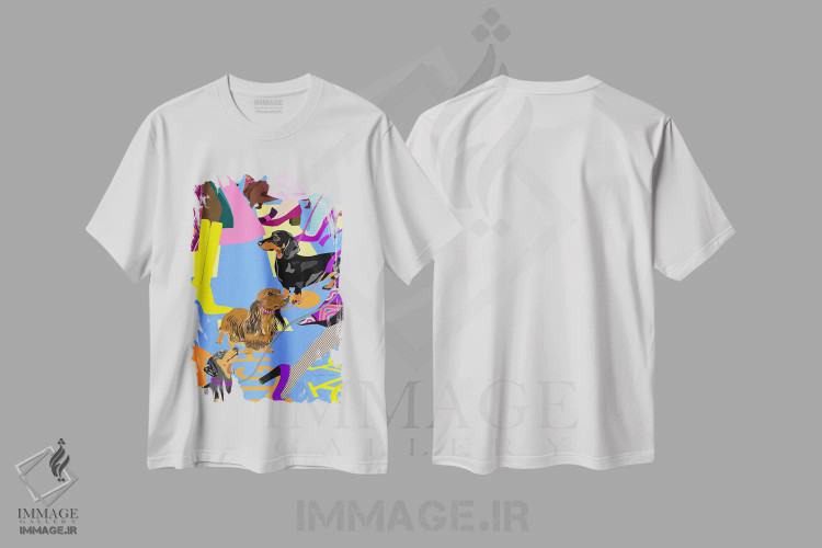 تیشرت سفید طرح دار – تیشرت فشن ,دختران مد و سگ های داشهوندشان در عبور خیابان اثر مریلین مَدو فروشگاه ایماژ