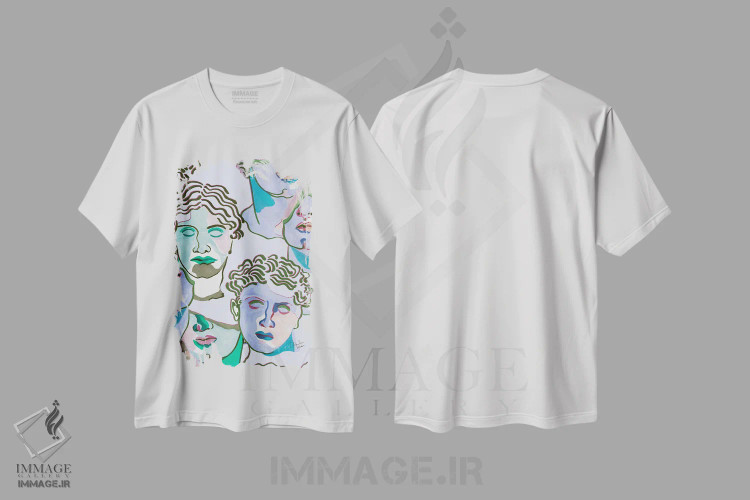 تیشرت سفید طرح دار – تیشرت هنری ,مجسمه های یونانی با رنگ آبی پاستلی اثر مریلین مَدو immage.ir