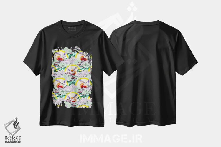 تیشرت مشکی طرح دار – تیشرت آسیایی ,درناهای ژاپنی و دایره های رترو اثر مریلین مَدو فروشگاه ایماژ