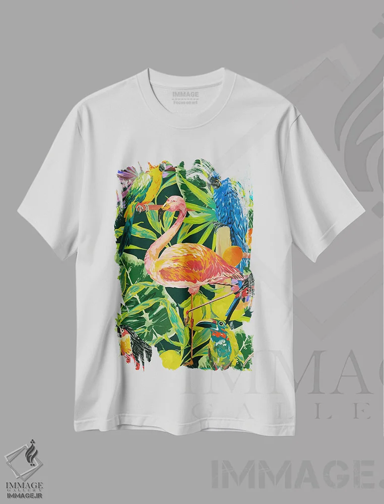 تیشرت سفید طرح دار – تیشرت طبیعت ,پرندگان جنگل فلامینگو اثر مریلین مَدو فروشگاه ایماژ