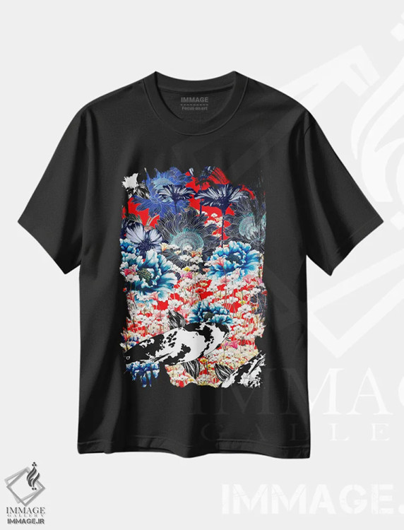 تیشرت مشکی طرح دار – تیشرت آسیایی ,کوزه چینی و ماهی کوی اثر مریلین مَدو فروشگاه ایماژ