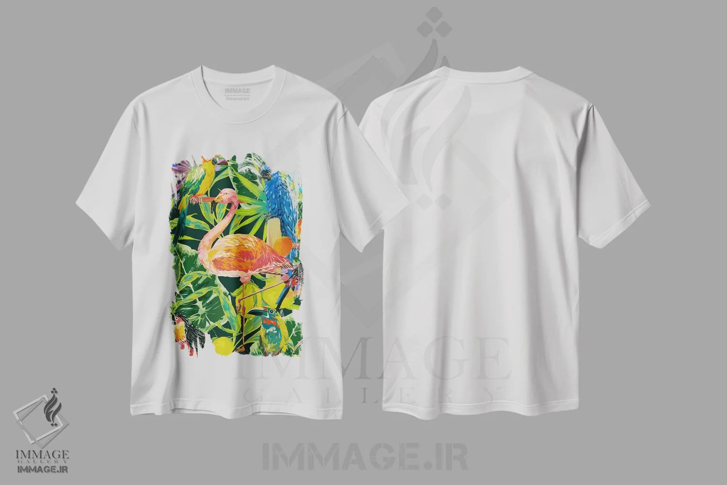 تیشرت سفید طرح دار – تیشرت طبیعت ,پرندگان جنگل فلامینگو اثر مریلین مَدو فروشگاه ایماژ