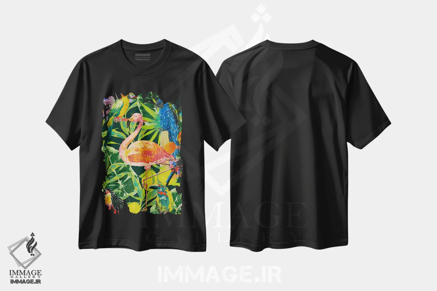 تیشرت مشکی طرح دار – تیشرت طبیعت ,پرندگان جنگل فلامینگو اثر مریلین مَدو immage.ir