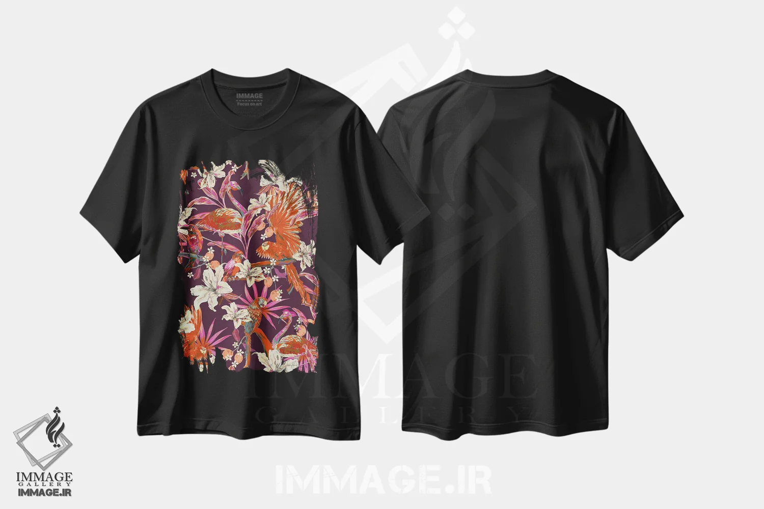 تیشرت مشکی طرح دار – تیشرت طبیعت ,پرندگان جنگل: فلامینگو و طوطی اثر مریلین مَدو immage.ir