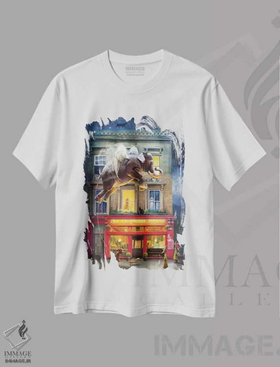 تیشرت سفید طرح دار – تیشرت هنری ,خانهٔ فیل اثر ماتیلدا کونه کا فروشگاه ایماژ