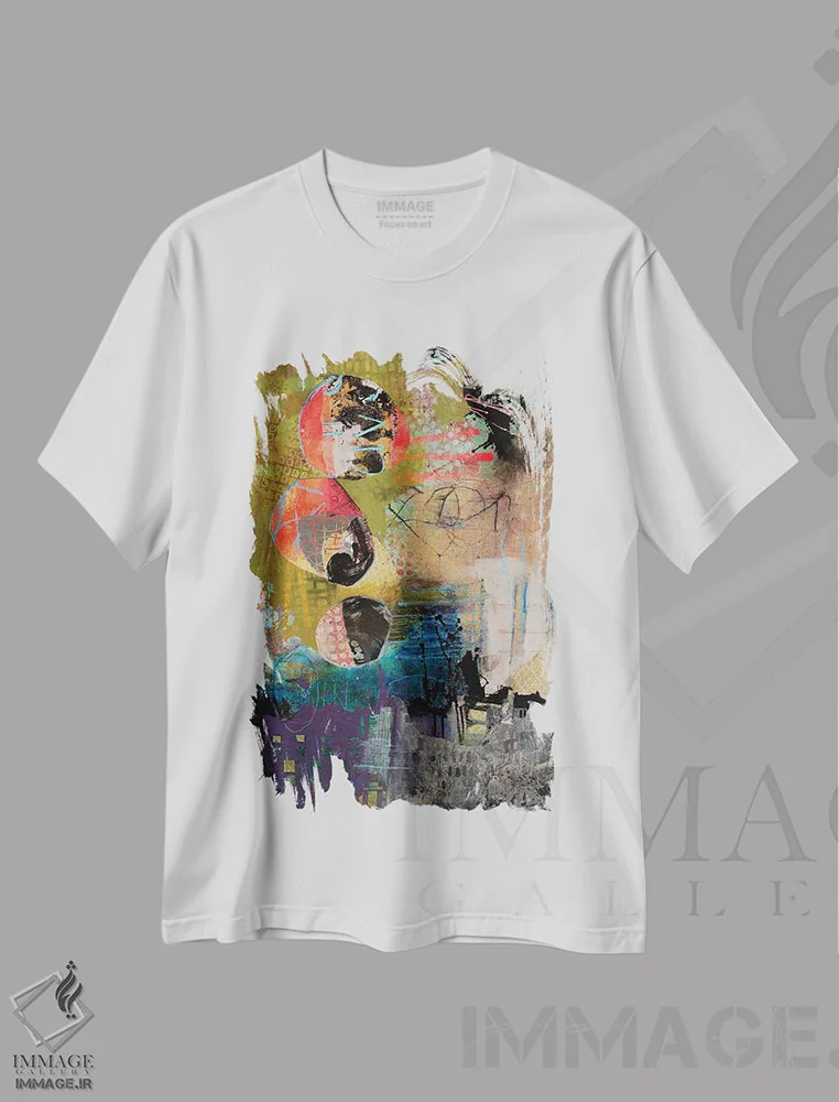 تیشرت سفید طرح دار – تیشرت هنری آبستره ,رنگ مالی اثر مری مارلی immage.ir