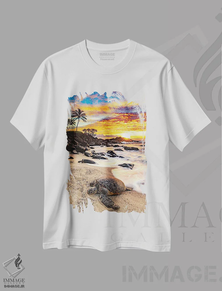 تیشرت سفید طرح دار – تیشرت طبیعت ,لاک پشت سبز اثر شین مایرز immage.ir