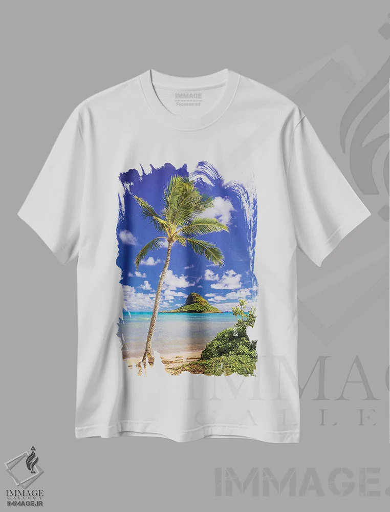 تیشرت سفید طرح دار – تیشرت طبیعت ,کلاه نارگیلی اثر شین مایرز immage.ir