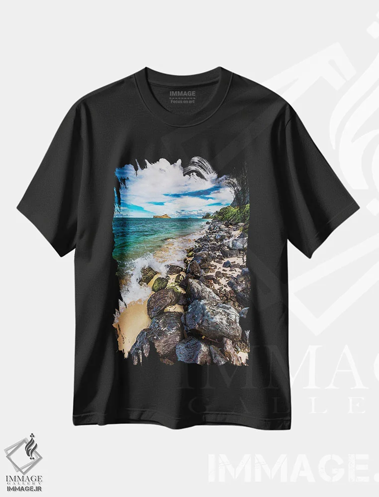 تیشرت مشکی طرح دار – تیشرت ساحلی ,صخره های نالو اثر شین مایرز immage.ir