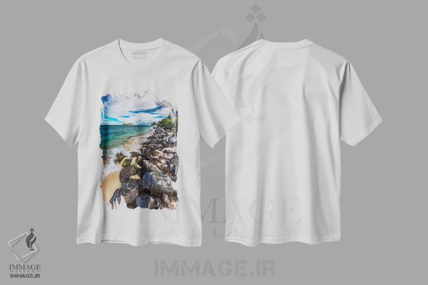 تیشرت سفید طرح دار – تیشرت ساحلی ,صخره های نالو اثر شین مایرز فروشگاه ایماژ