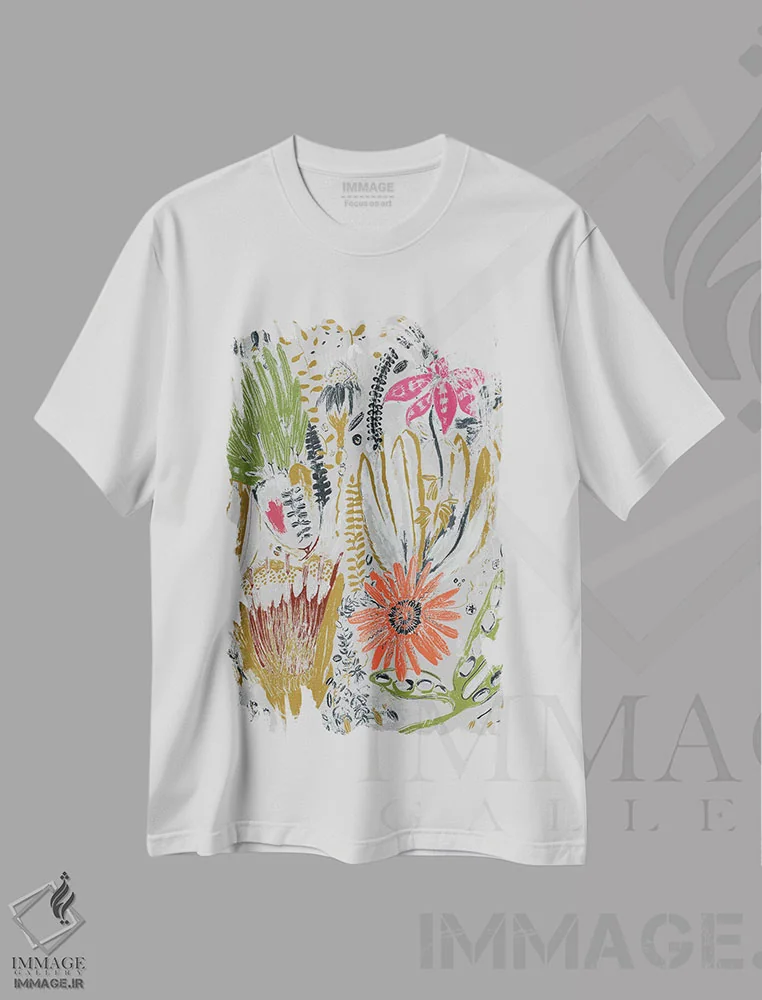 تیشرت سفید طرح دار – تیشرت گل های استوایی ,شکوفه های استوایی I اثر مایا وودز immage.ir
