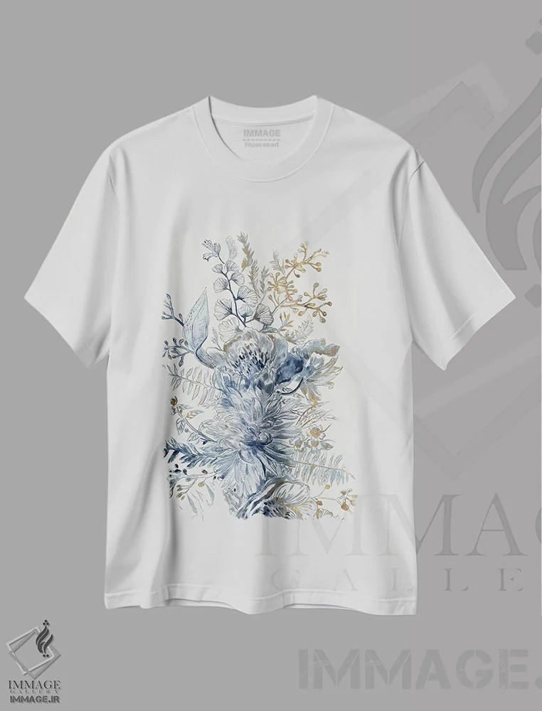 تیشرت سفید طرح دار – تیشرت گلدار کلاسیک ,آبی سلطنتی I اثر مایا وودز فروشگاه ایماژ
