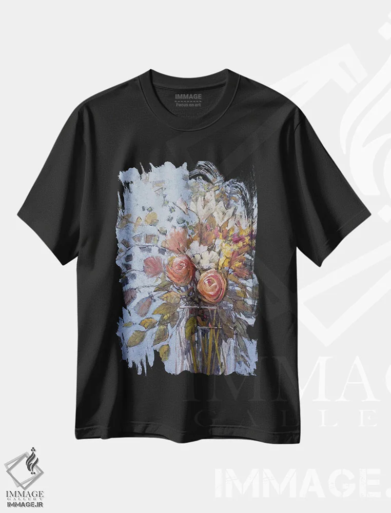 تیشرت مشکی طرح دار – تیشرت گلدار ,گل ها روی زمینه آبی اثر مری هابلی فروشگاه ایماژ