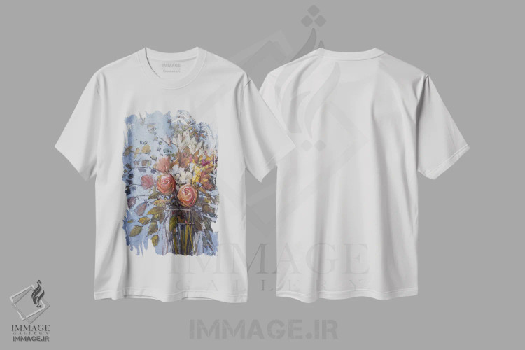 تیشرت سفید طرح دار – تیشرت گلدار ,گل ها روی زمینه آبی اثر مری هابلی immage.ir