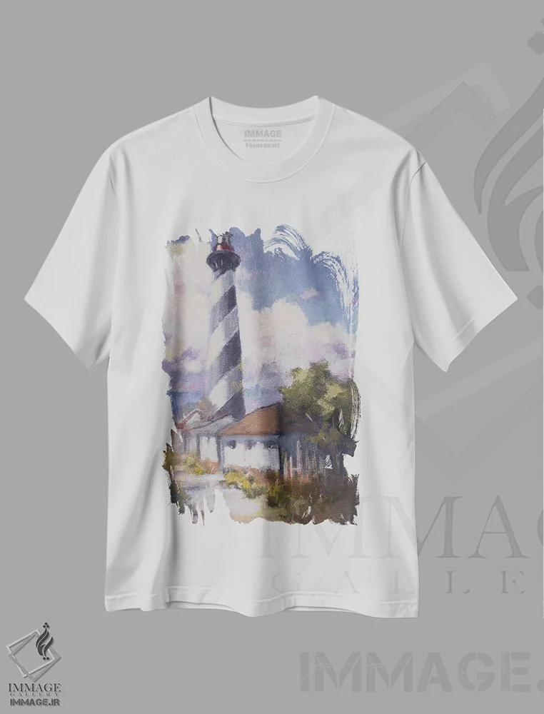 تیشرت سفید طرح دار – تیشرت دریایی ,طلوع فانوس دریایی اثر مری هابلی immage.ir