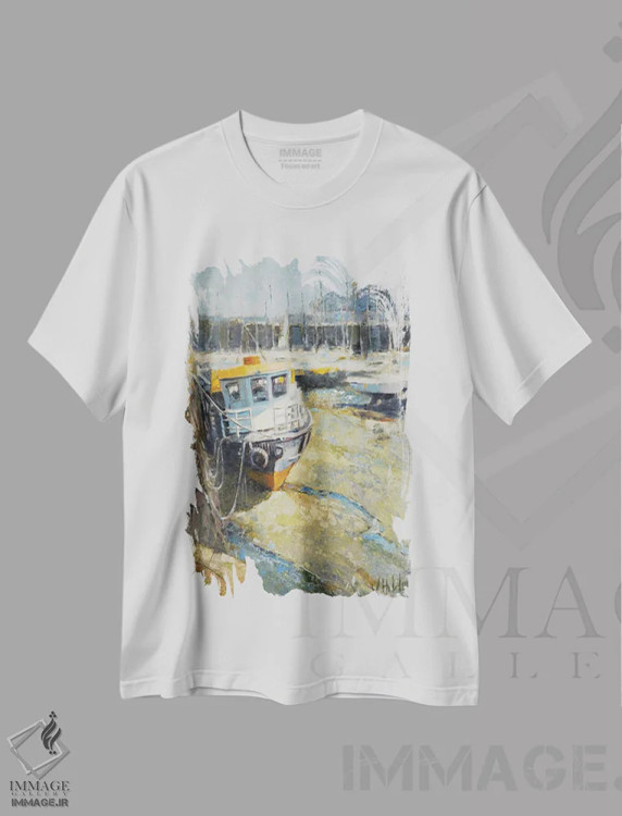 تیشرت سفید طرح دار – تیشرت دریایی ,بندرگاه در جزر اثر مری هابلی immage.ir