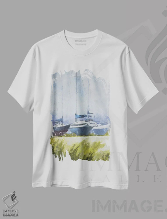 تیشرت سفید طرح دار – تیشرت دریایی ,مه آلود اثر مری هابلی فروشگاه ایماژ