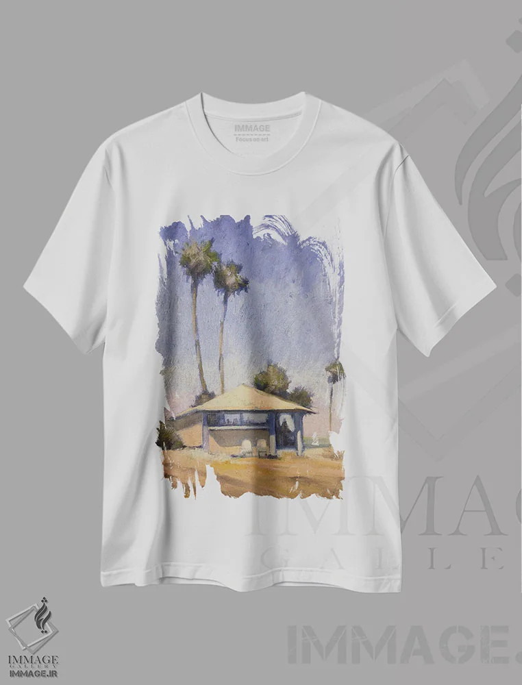 تیشرت سفید طرح دار – تیشرت هنری ,واحه شنی اثر مری هابلی immage.ir