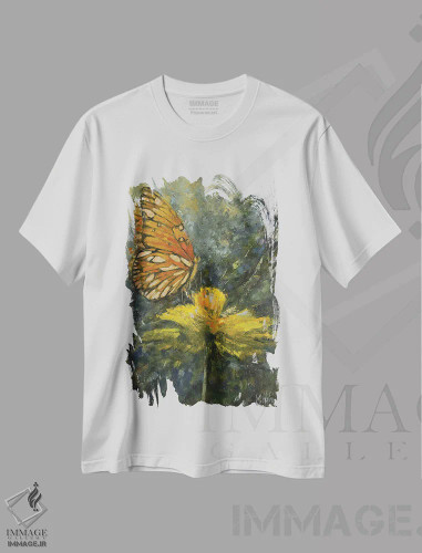 تیشرت سفید طرح دار – تیشرت طبیعت ,پروانه نارنگی اثر مری هابلی فروشگاه ایماژ
